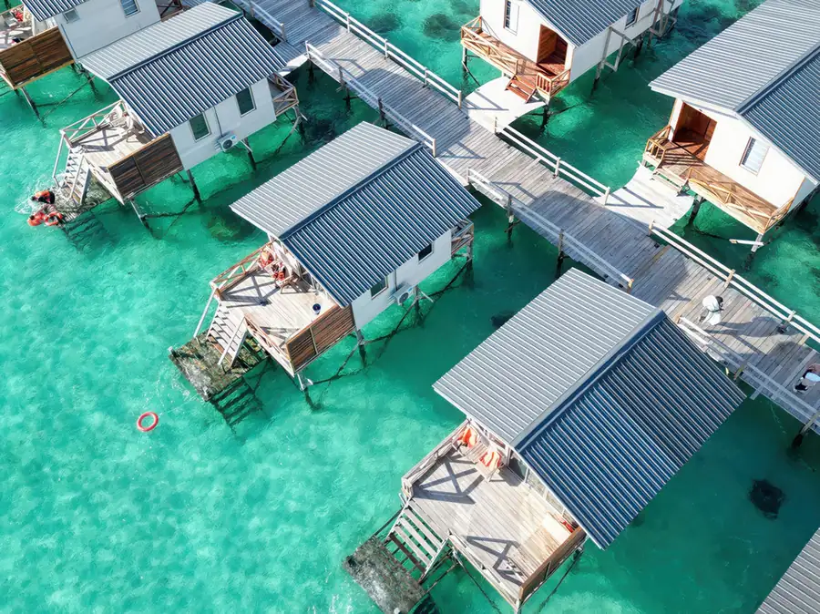 High angle drone shot of the resort in Semporna Fairyland Resort