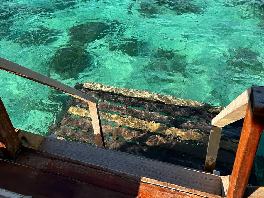 Private sunlit terrace featuring a glass floor panel and direct wooden stairs to the sea at Fairyland Resort. An intimate over the water escape in Semporna offering true barefoot luxury.